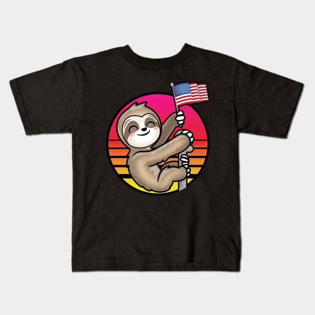 Kawaii Patriotic Sloth Holding USA Flag Retro Sun Kids T-Shirt by PnJ